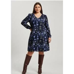 Lularoe Ava Mutton Long Sleeve Dress blue floral print Vneck knee length 2XL NWT